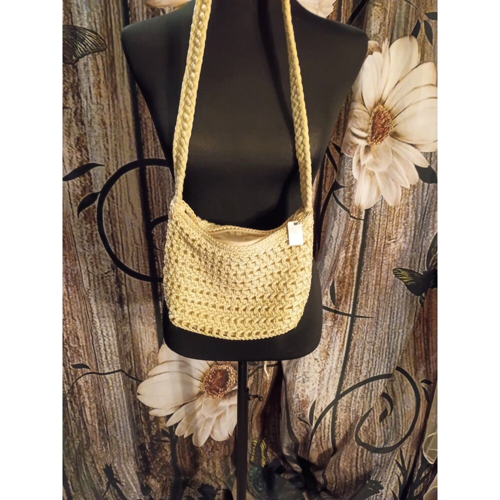 Lina Womens Cream Handbag Woven Crochet Shoulder Bag  Zip Top